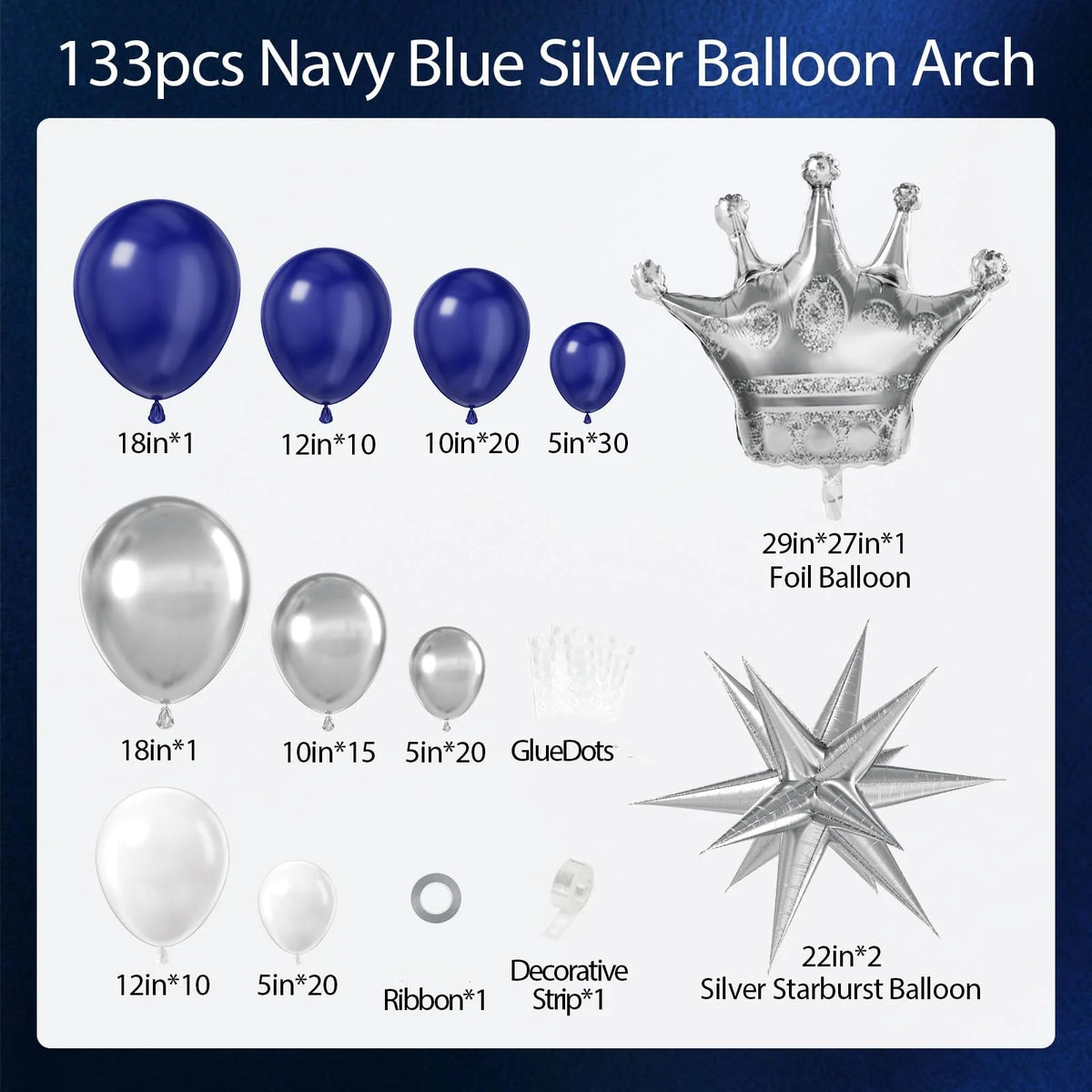 A collection of navy blue and silver balloons, including balloons, a crown, and a starburst balloon.