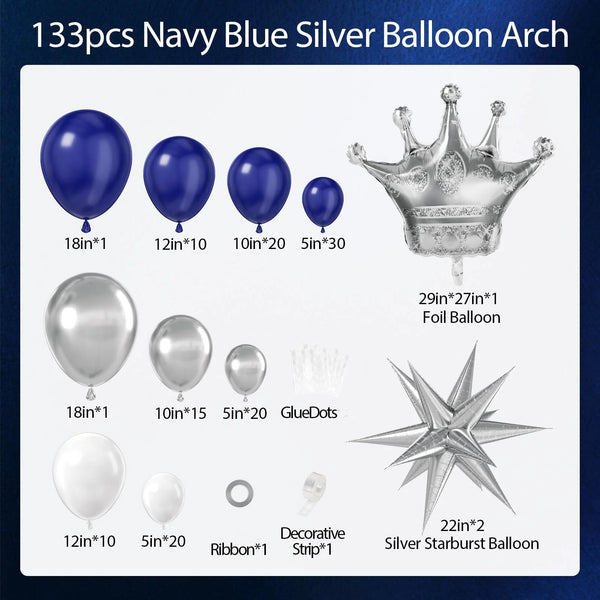 A collection of navy blue and silver balloons, including balloons, a crown, and a starburst balloon.