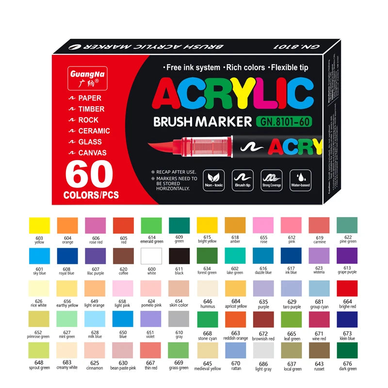 Box of 60 color acrylic brush markers with various colors and tips for DIY crafts