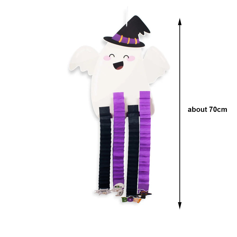 Halloween hanging ornaments set featuring a ghost, pumpkin, and skeleton with black and purple accents