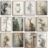A collection of vintage forest animal canvas wall art featuring owls, deer, and various trees in monochrome and muted tones.