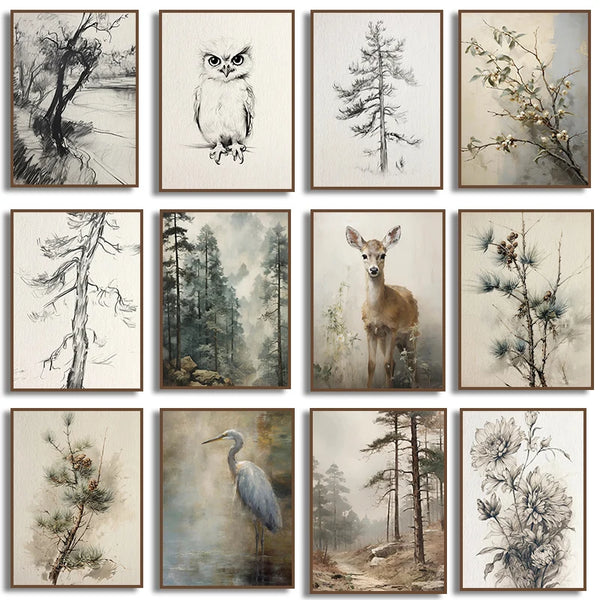 A collection of vintage forest animal canvas wall art featuring owls, deer, and various trees in monochrome and muted tones.