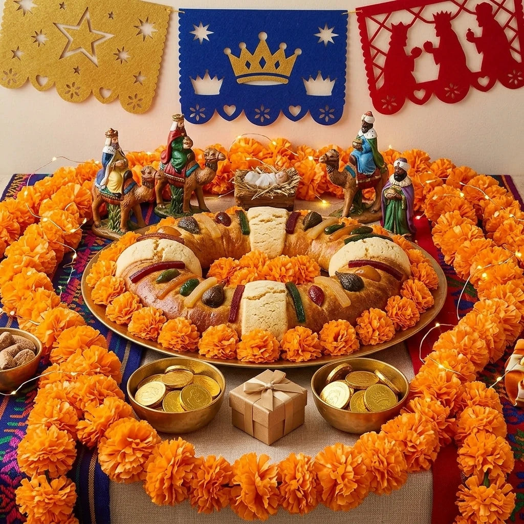 A circular arrangement of artificial orange marigold flowers with stems used for Day of the Dead decorations.