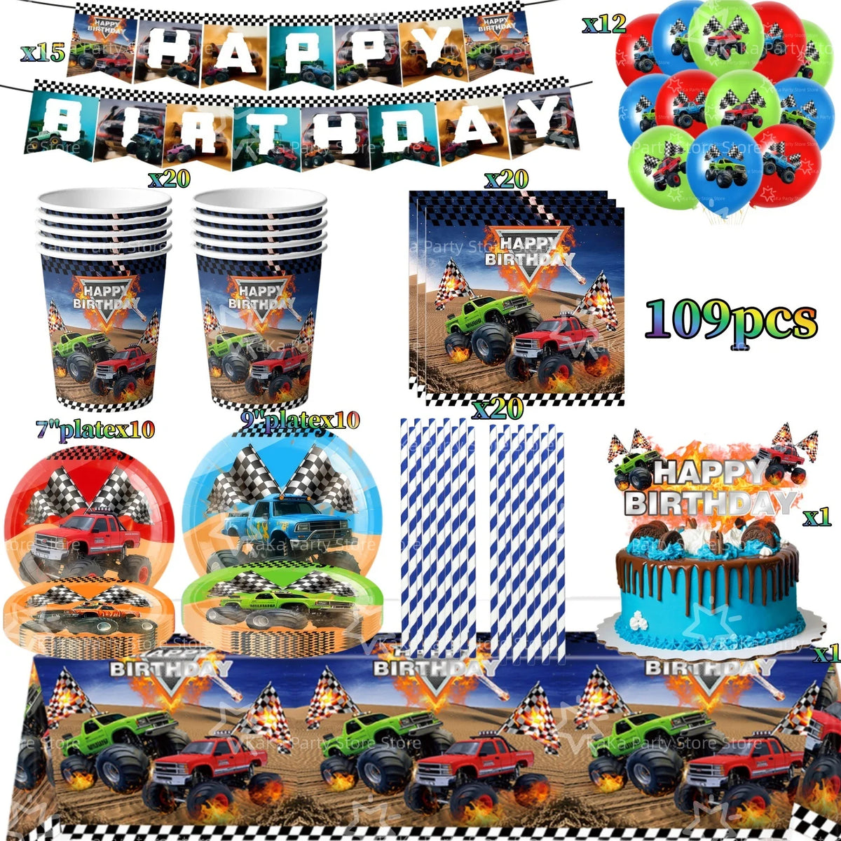 Monster truck birthday party decoration kit featuring a backdrop, plates, cups, and various truck models.