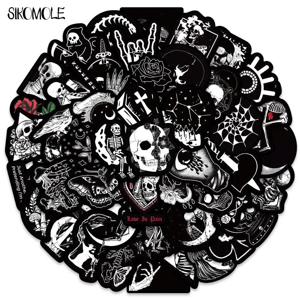A circular black and white design featuring various cartoon skulls and skeletal elements for decoration.