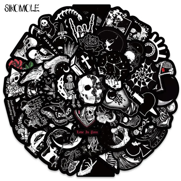 A circular black and white design featuring various cartoon skulls and skeletal elements for decoration.
