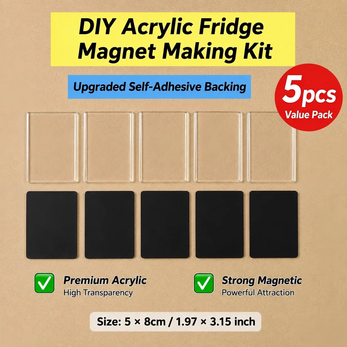 A set of five black acrylic fridge magnets with upgraded self-adhesive backing shown on a beige background.