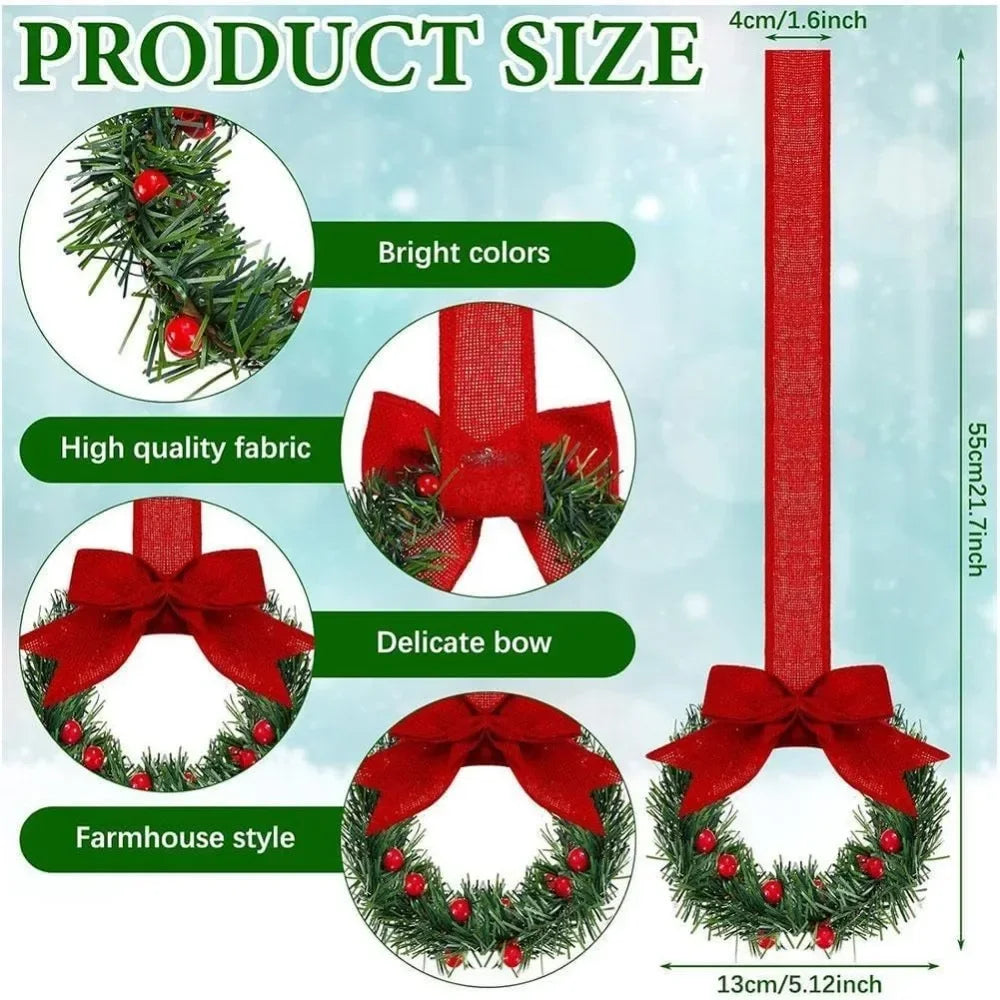 Set of four mini Christmas wreaths with ribbon bows and red berries, featuring a vertical red ribbon.