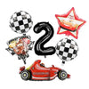 A set of birthday racing car party decorations including a black number two balloon and a red race car model.