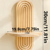 A vertical wooden wall shelf with concentric grooves, showing its dimensions and design.