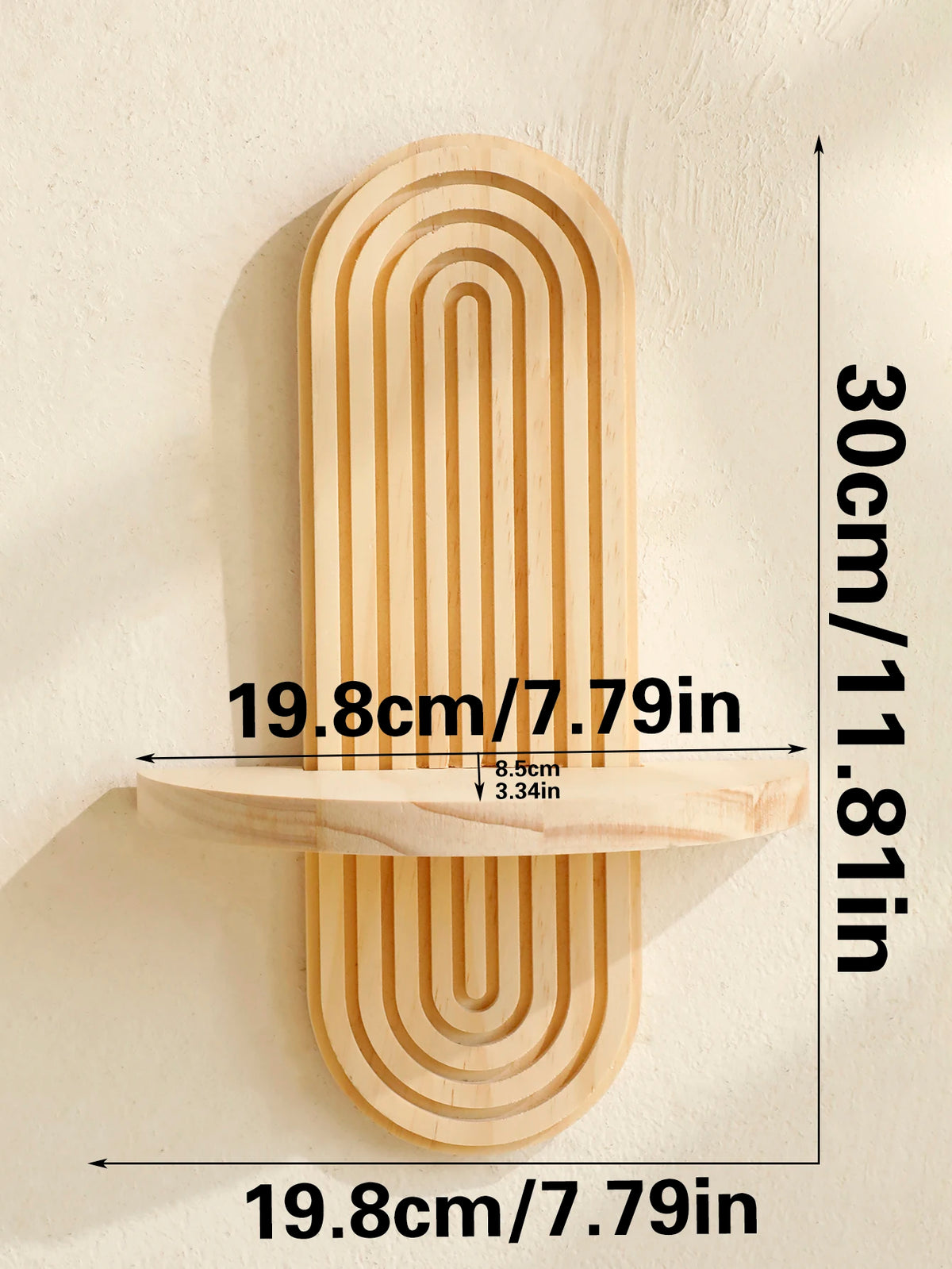 A vertical wooden wall shelf with concentric grooves, showing its dimensions and design.