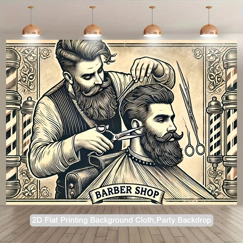 A black and white illustration of a bearded barber working on a client, suitable for a party backdrop.