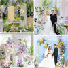 Elegant gold metal wedding arch stand with a floral backdrop featuring a bride and groom.
