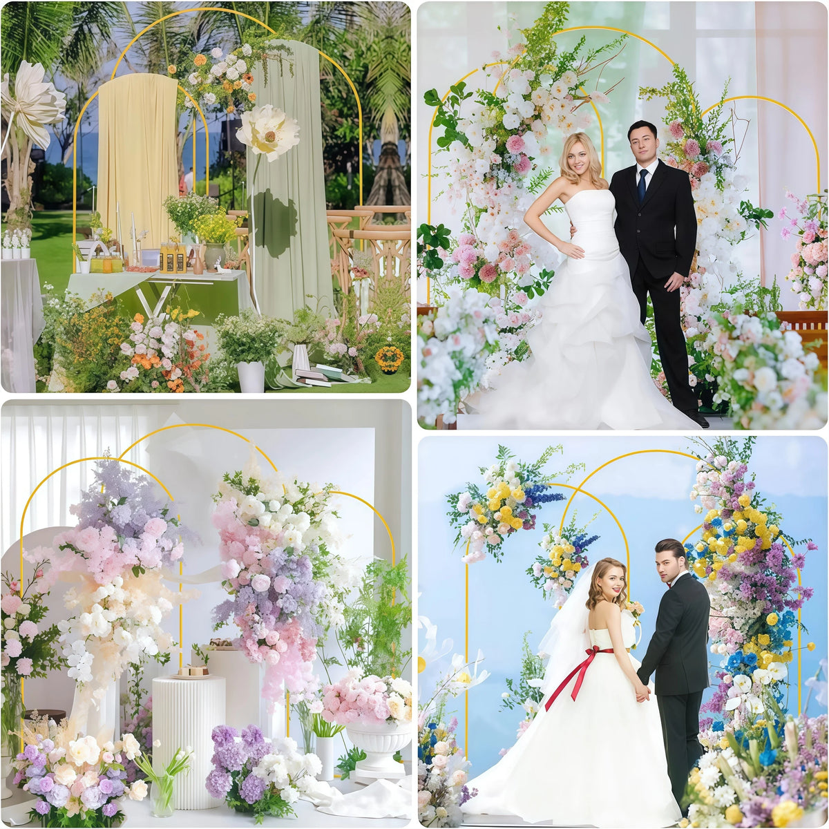 Elegant gold metal wedding arch stand with a floral backdrop featuring a bride and groom.