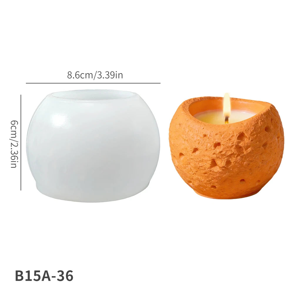 An orange textured silicone mold for candles with a lit wick, shown next to a smooth white bowl.