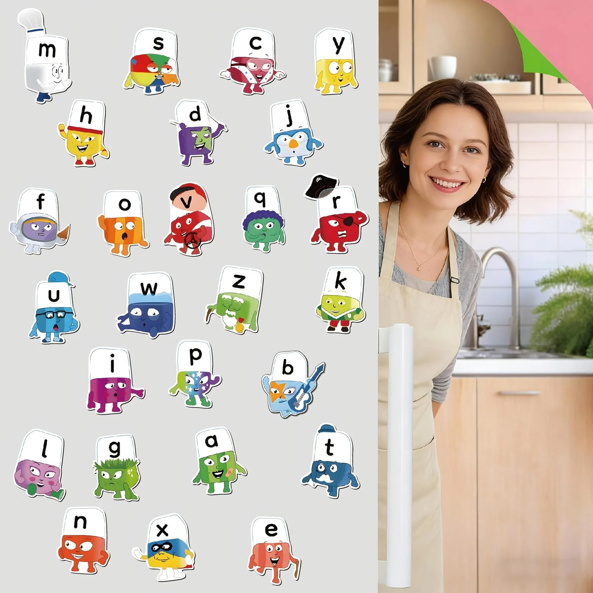 A collection of 26 colorful alphabet magnets shaped like popsicles for fridge and whiteboard use.