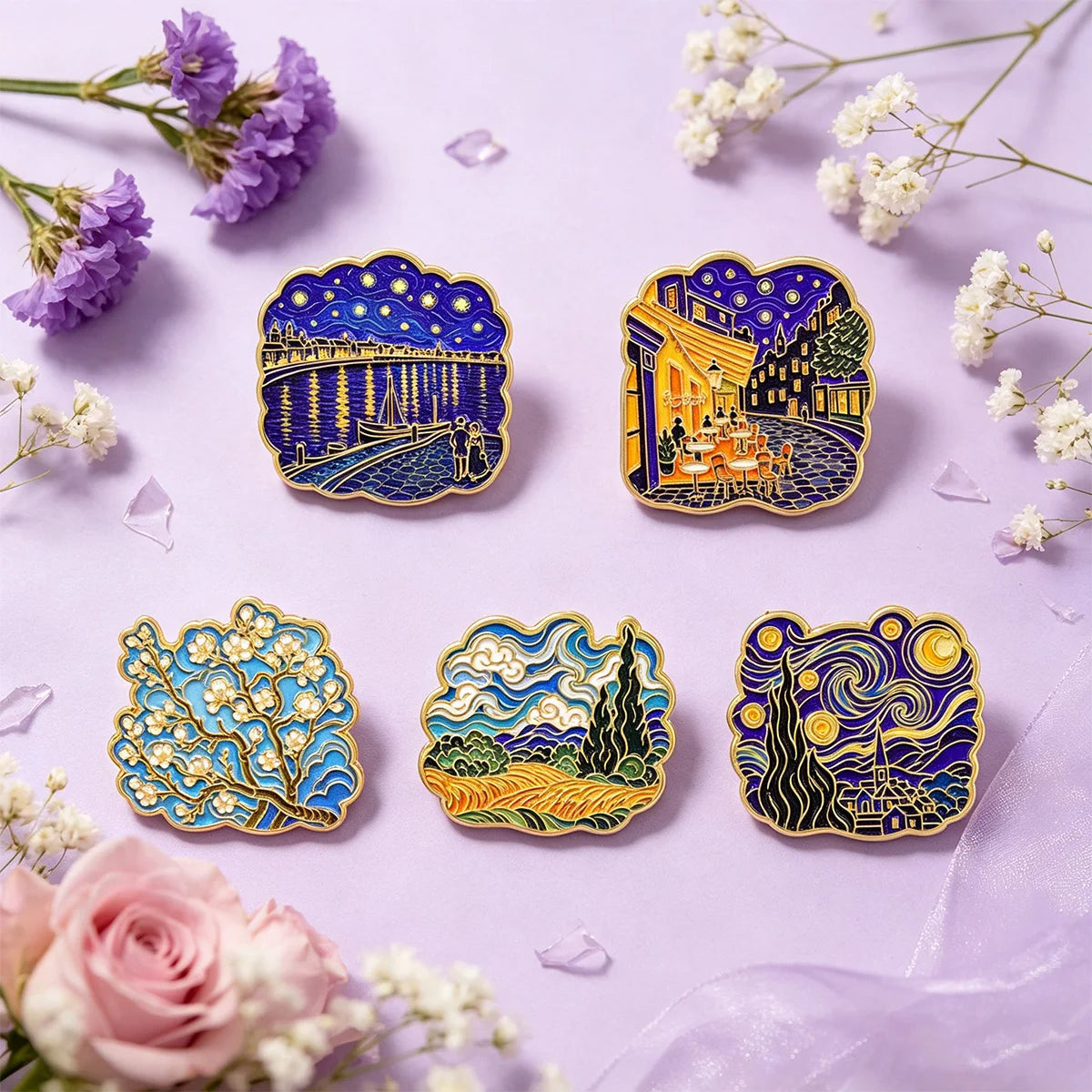A set of five enamel pins featuring Van Gogh's art, including Starry Night and other classic paintings, displayed on a purple