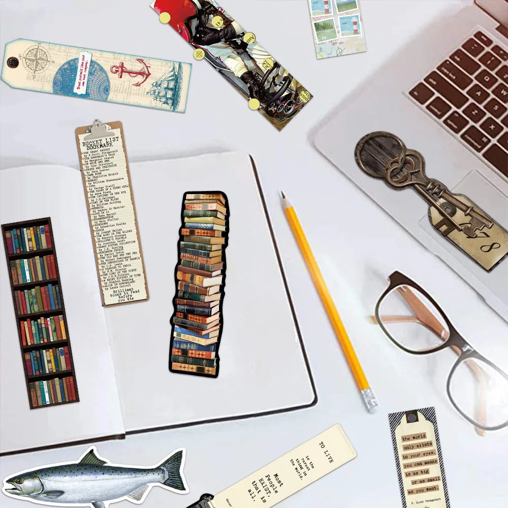 A collection of decorative cartoon reading bookmarks set featuring various designs and colors on a white background.