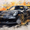Vintage oil painting style art of a black Porsche sports car with orange paint splatters.