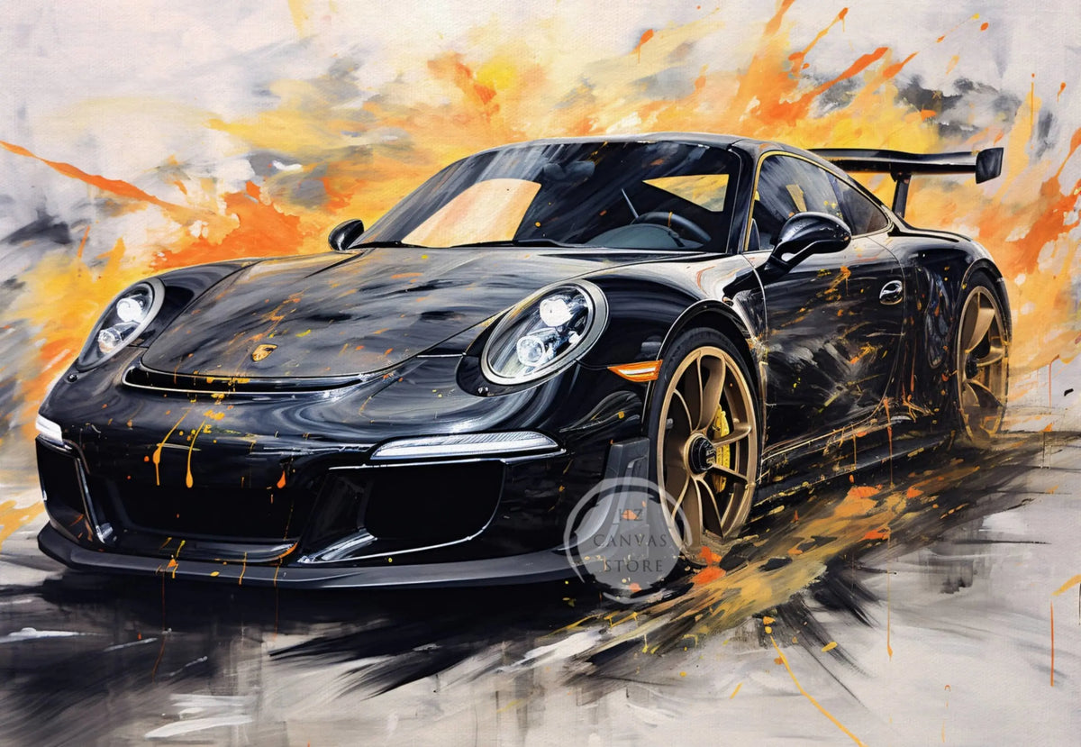 Vintage oil painting style art of a black Porsche sports car with orange paint splatters.