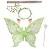 A set of sparkling fairy wings, a wand, and a floral crown made of green foliage.
