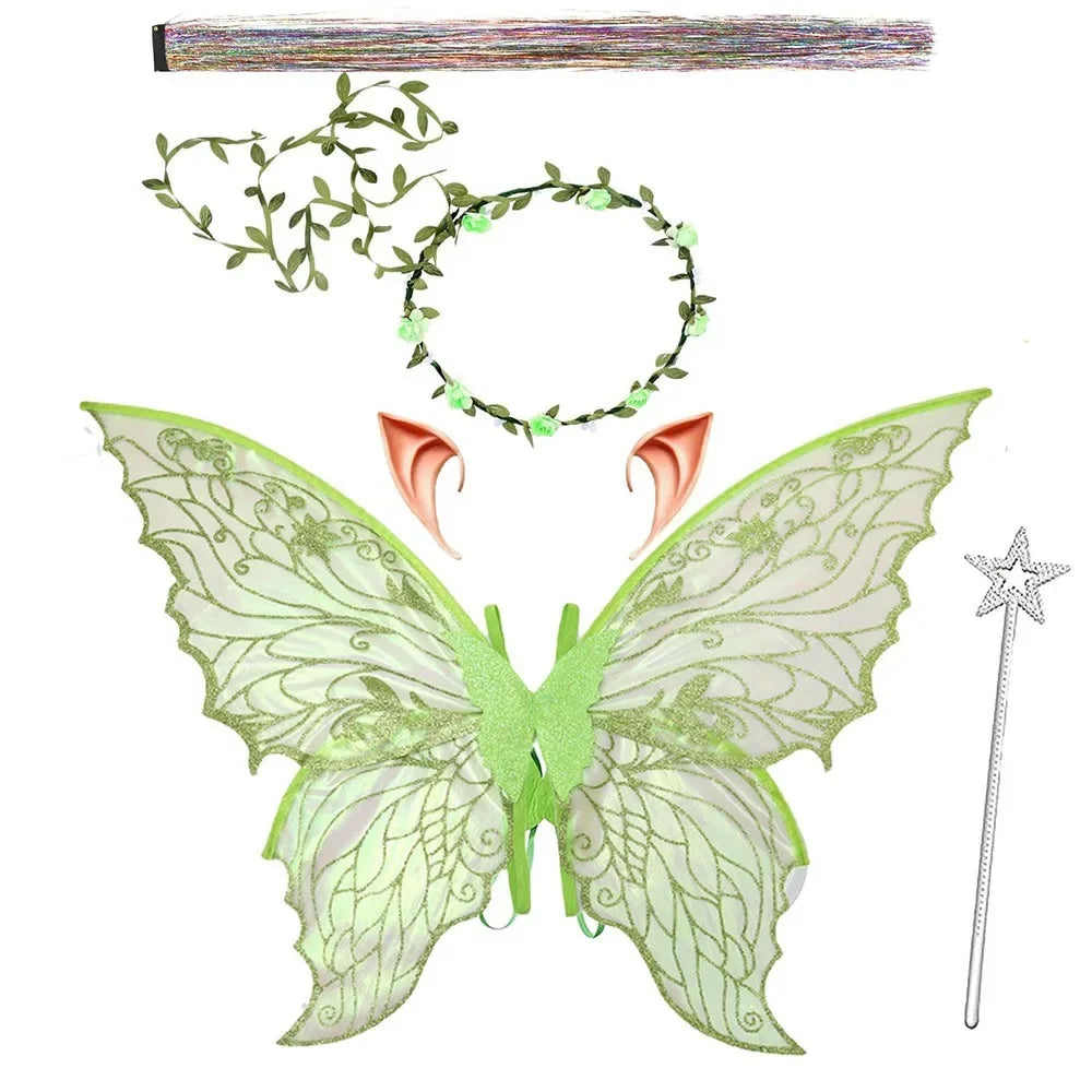 A set of sparkling fairy wings, a wand, and a floral crown made of green foliage.