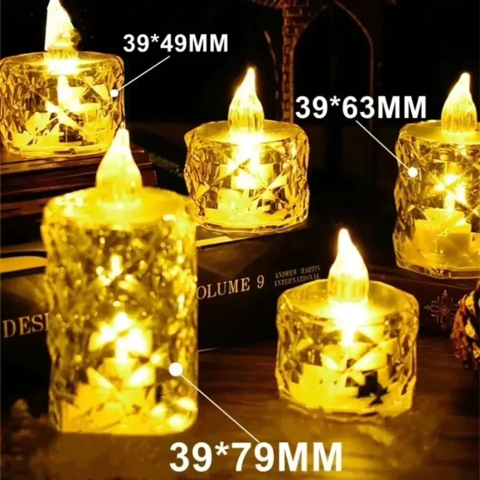 A collection of gold-toned LED crystal candles in various sizes and shapes, showing realistic flickering light.