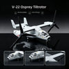 A white V-22 Osprey tiltrotor model kit shown in a studio setting with close-up views of the assembly.