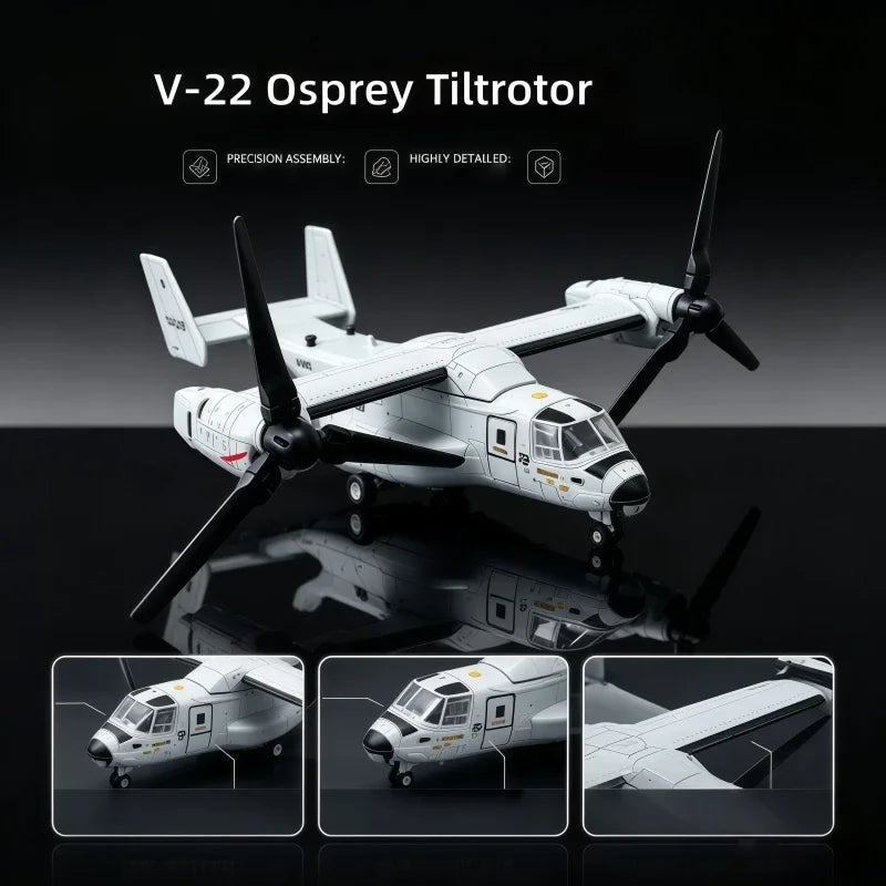 A white V-22 Osprey tiltrotor model kit shown in a studio setting with close-up views of the assembly.