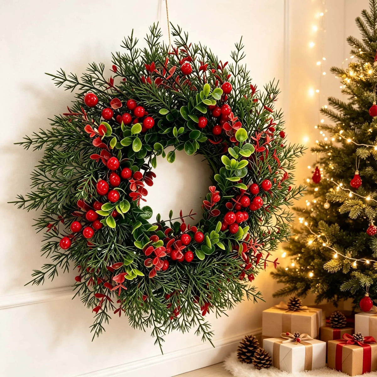 An artificial pine and eucalyptus wreath decorated with bright red berries, hanging against a white wall.