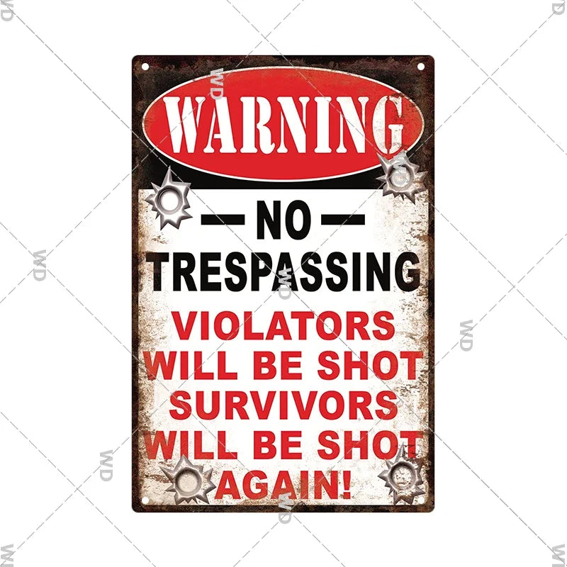 Vintage metal warning sign with red and white text stating no trespassing violators will be shot again