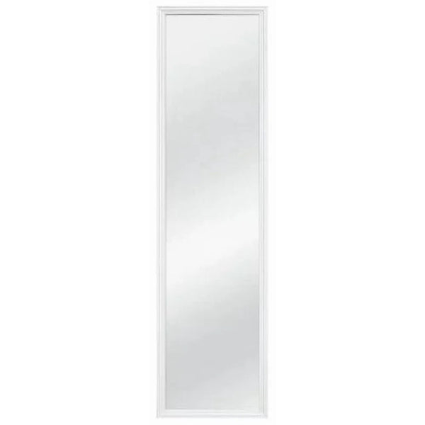 A tall, rectangular wall mirror with a silver frame.