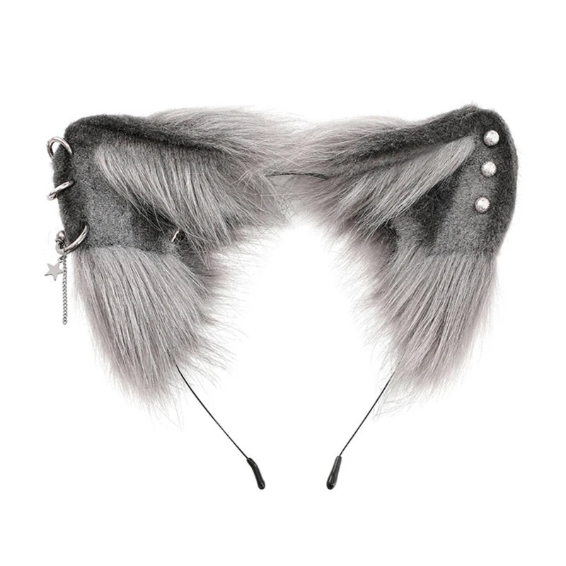 Gray faux fur fox ears headband with small pearl embellishments