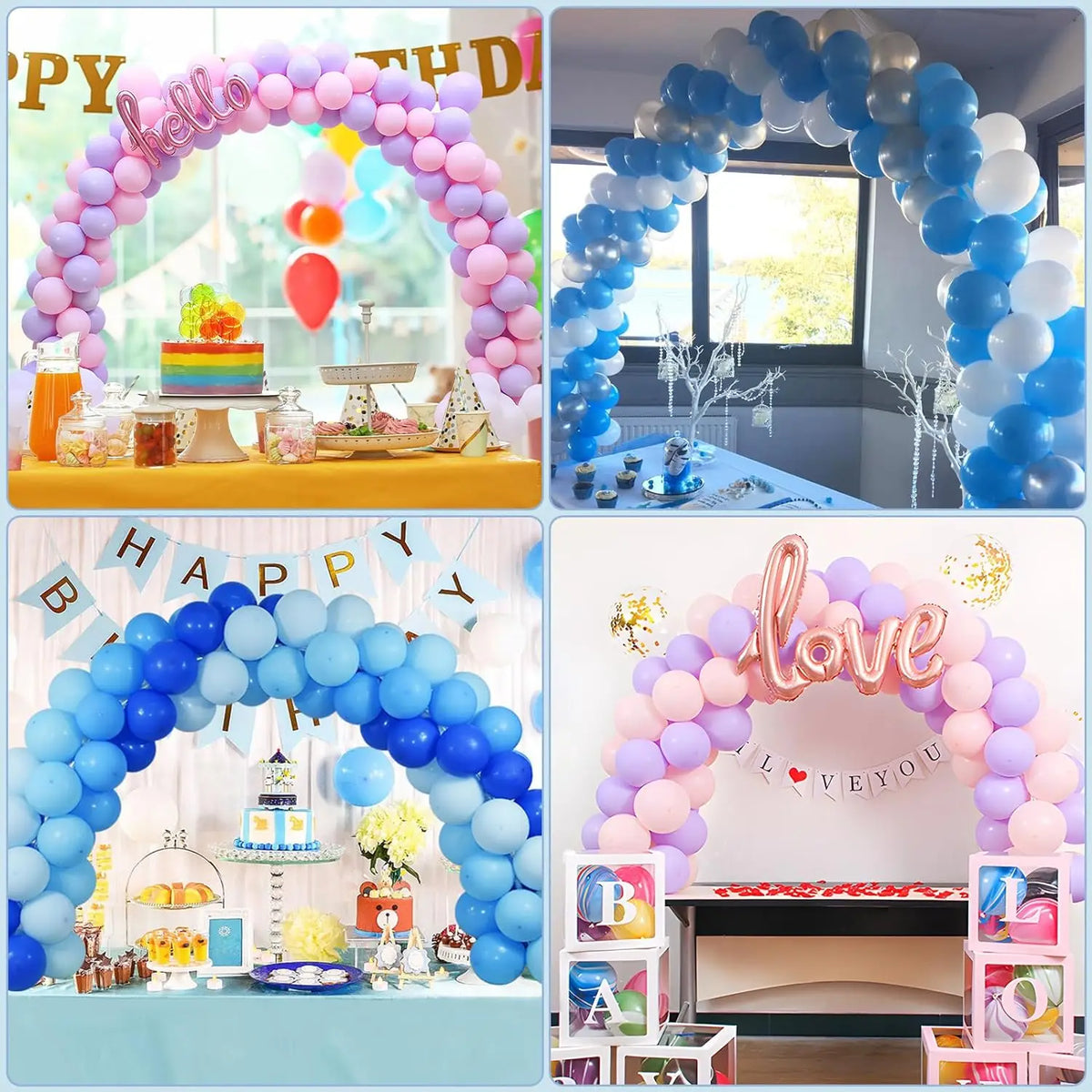 A colorful balloon arch kit featuring blue and purple balloons for a birthday celebration.
