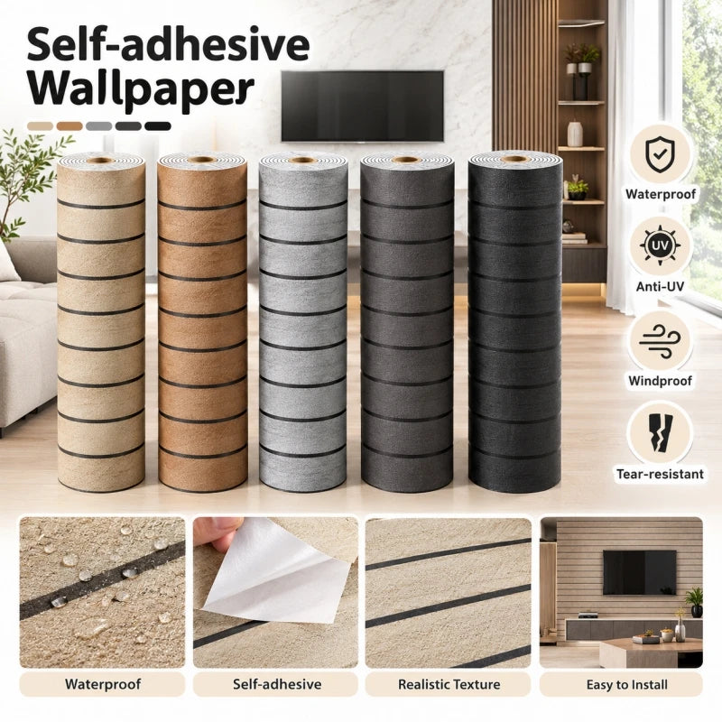 Rolls of self-adhesive wallpaper in various shades of brown and gray demonstrating waterproof, self-adhesive, and tear-resist