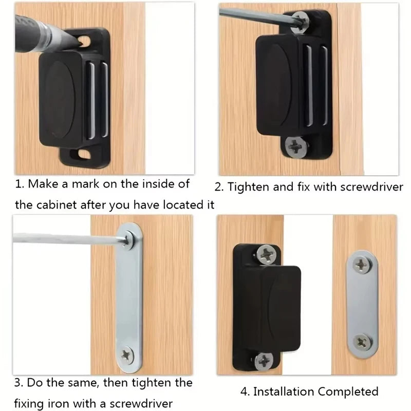 Installation steps showing how to mark, tighten, and install magnetic cabinet door latches.