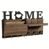 Rustic wooden wall key holder featuring a shelf and seven hooks for keys and accessories.