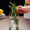 A hand is placing a sprig of purple flowers into a clear glass hydroponic vase for home decor.
