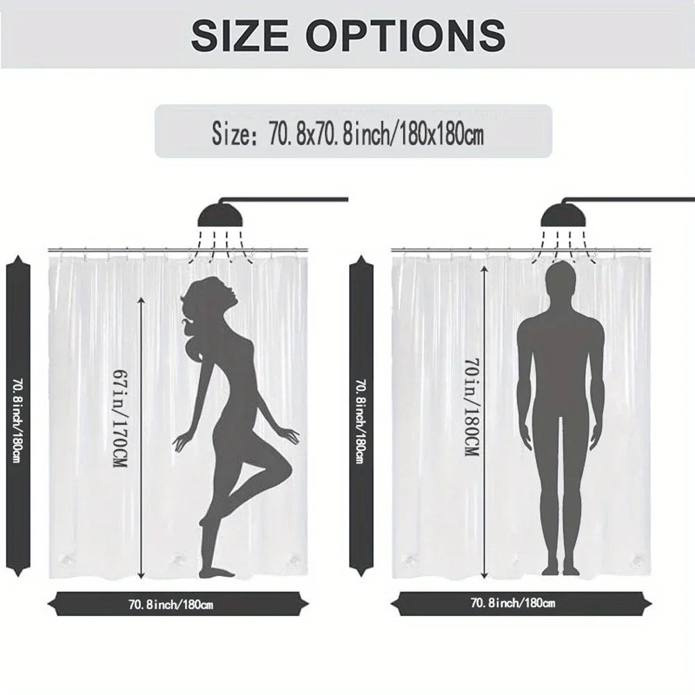 A white shower curtain displayed with size options showing dimensions of 70.8 inch by 180 cm.