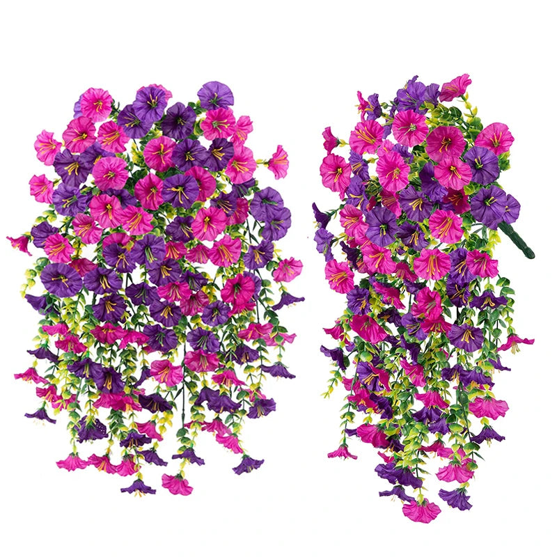 Artificial hanging silk morning glory flowers in vibrant shades of purple and pink