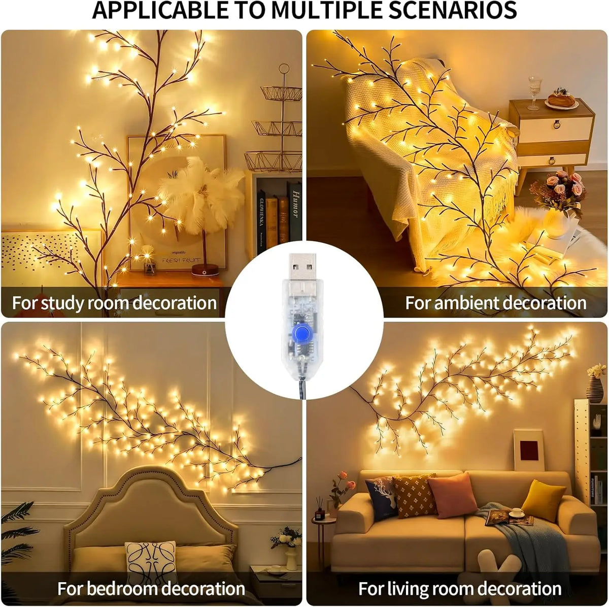 Bendable LED vine string lights used for various indoor decorations including study room, ambient, bedroom, and living room