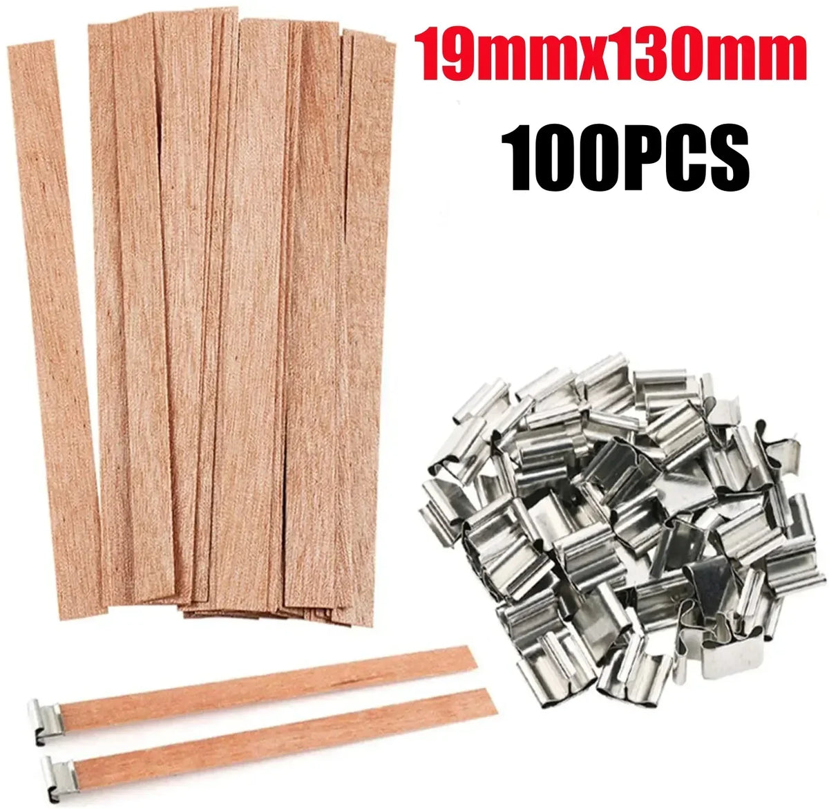 Un ensemble de 100 chevilles en bois et divers composants métalliques pour fabriquer des bougies en cire de soja.