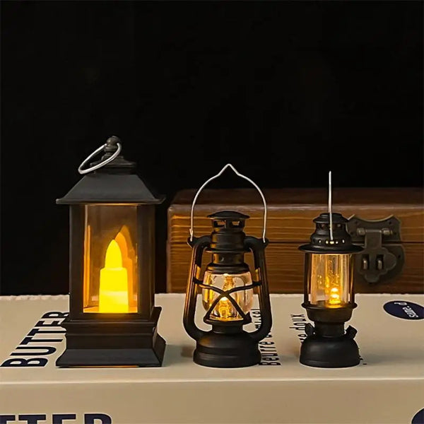 A vintage LED glowing lantern with a yellow flame is displayed on a white surface.