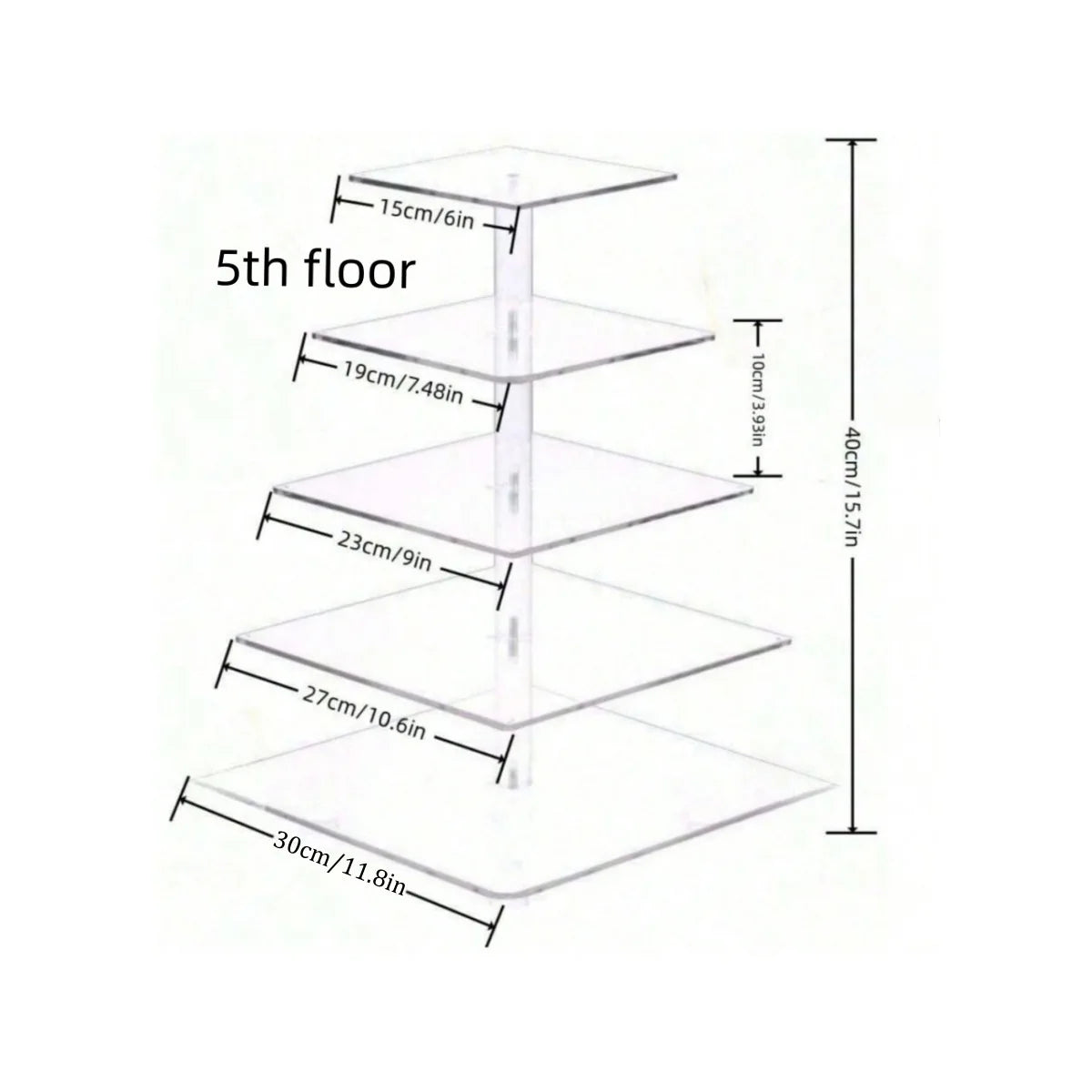 A transparent acrylic cupcake stand with five tiers shown in a vertical layout.