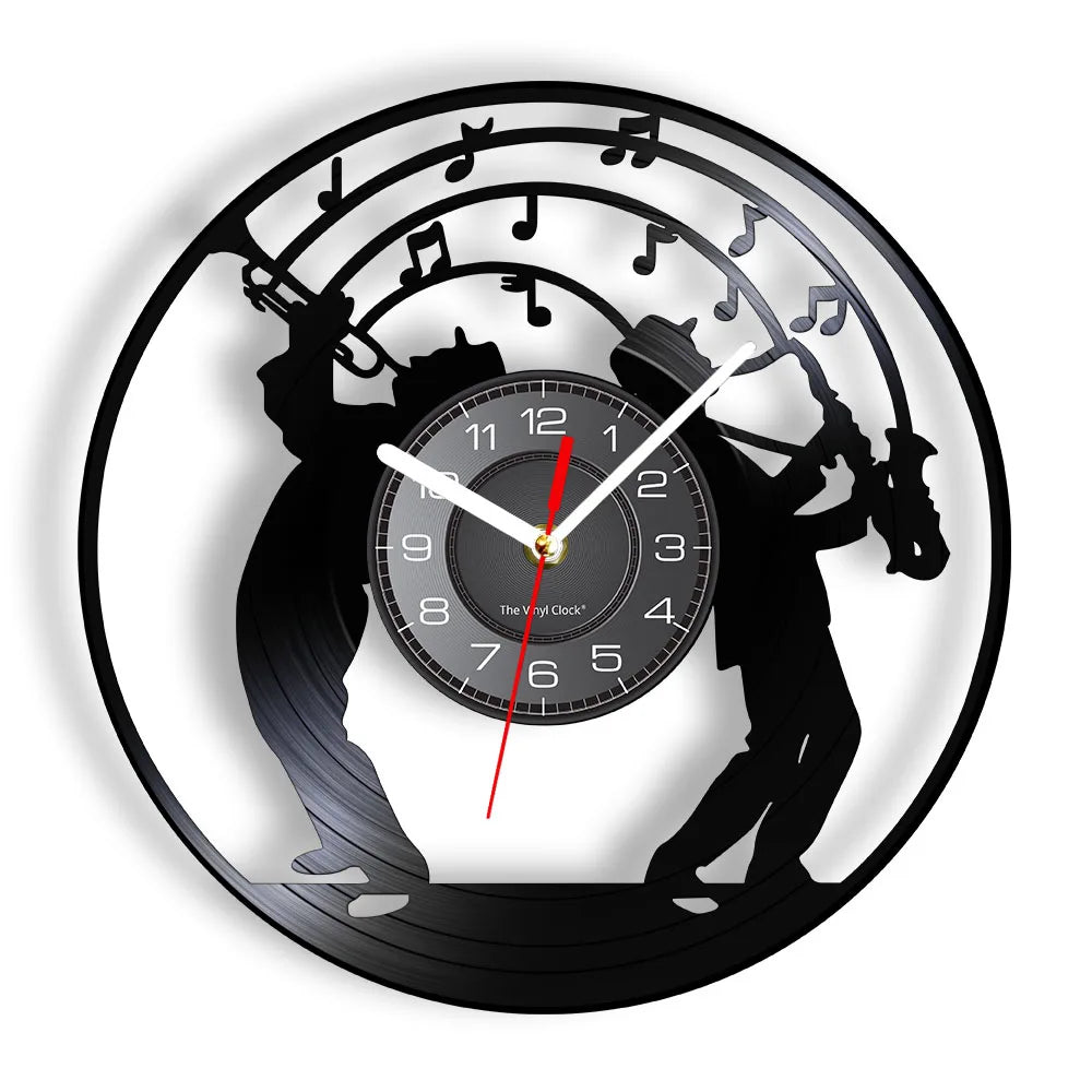 A black wall clock face featuring silhouettes of musicians playing instruments and musical notes around the edge.