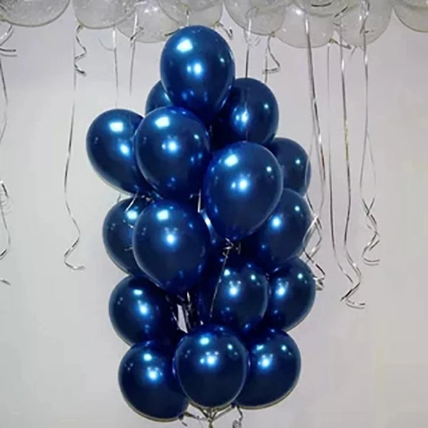A bouquet of luminous blue latex balloons hanging against a white background.