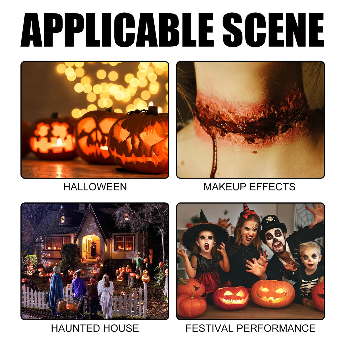 Image showing applicable scenes for special effects makeup including Halloween, haunted houses, and festival performances.