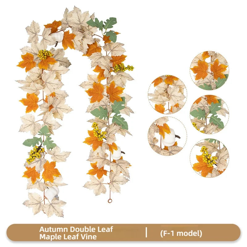 Autumn Double Leaf Maple Leaf Vine garland featuring orange and beige leaves and yellow berries