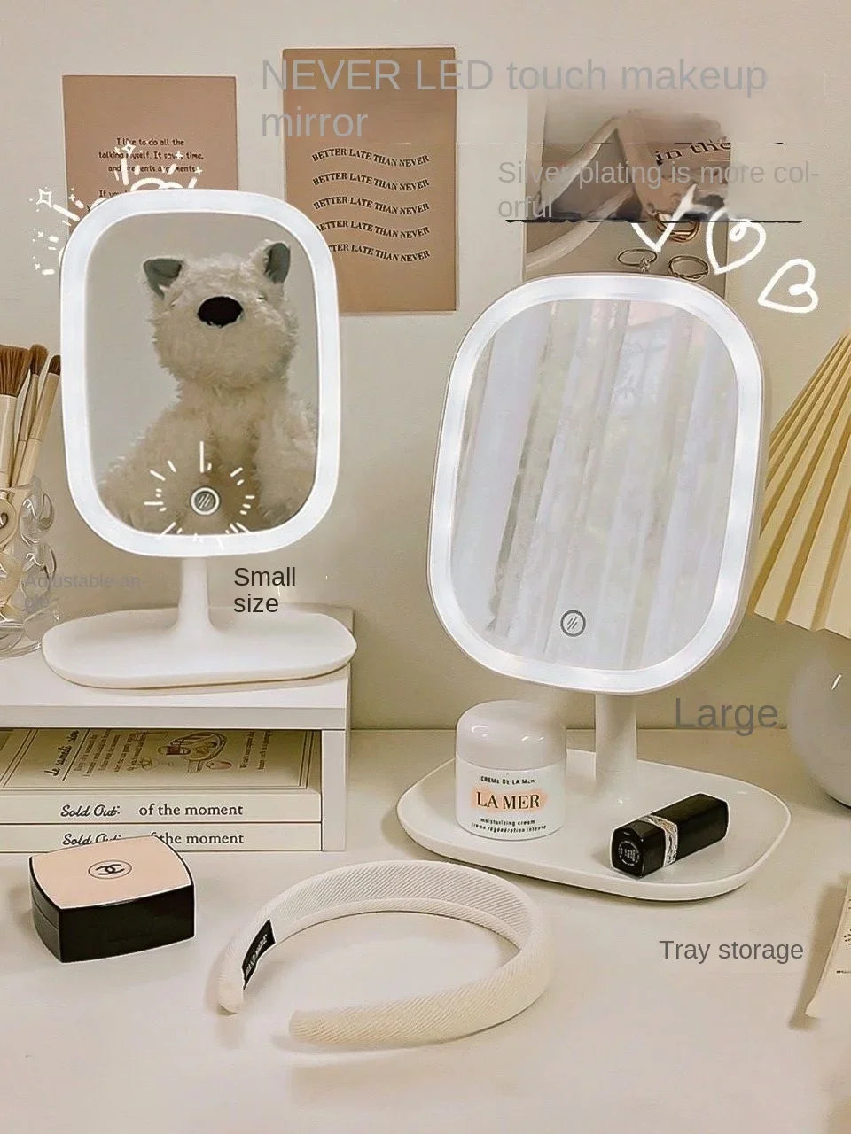 A white rechargeable LED vanity mirror with touch controls is displayed next to a cat figurine and skincare products.
