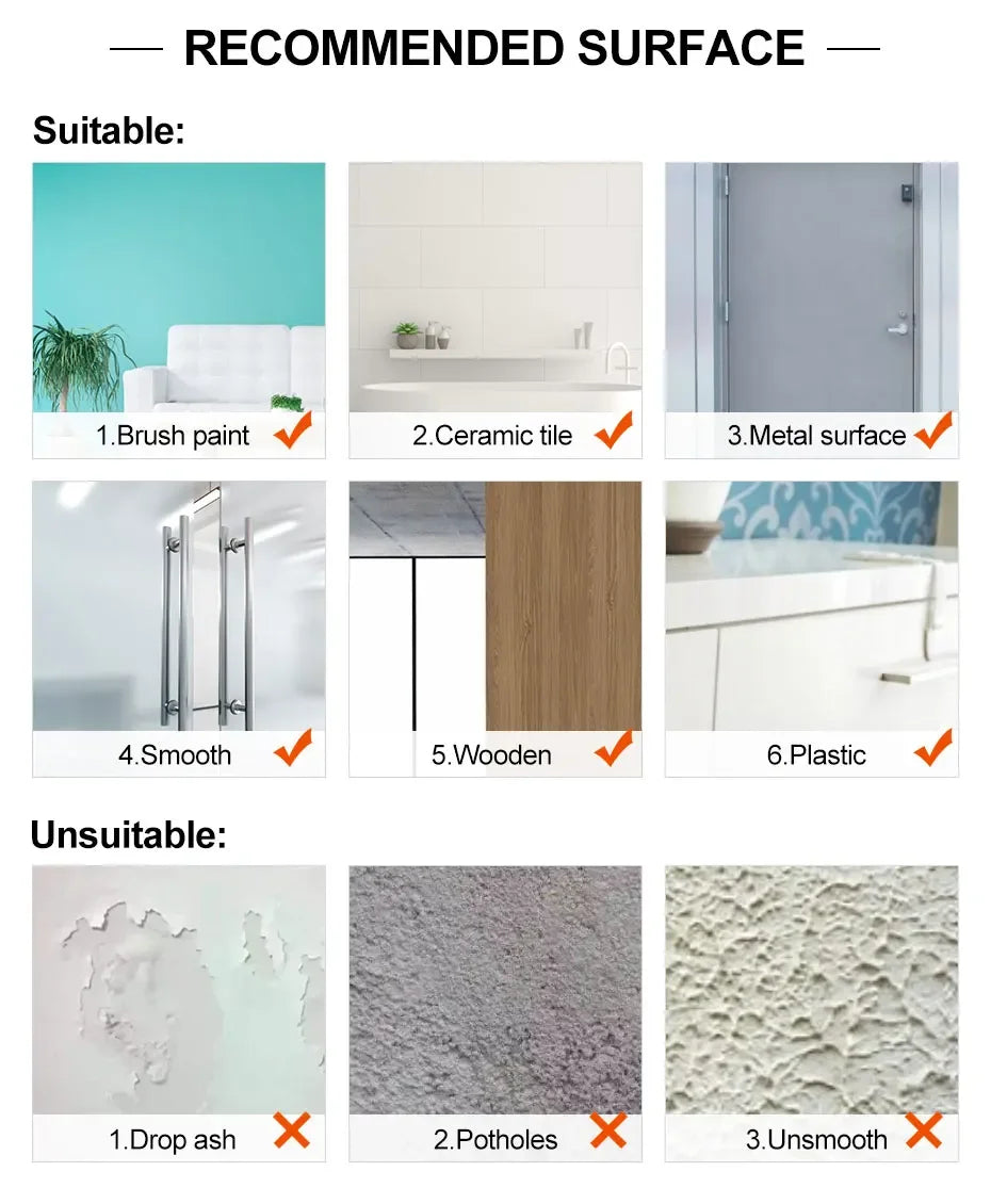 Guide showing recommended and unsuitable surfaces for 3D Mosaic Mirror Wall Decals.
